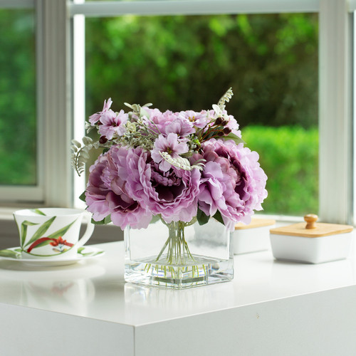 Mixed Artificial Silk Peony Flowers in Clear Glass Vase With Faux Water