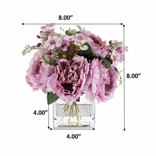 Mixed Artificial Silk Peony Flowers  in Clear Glass Vase With Faux Water (Purple)