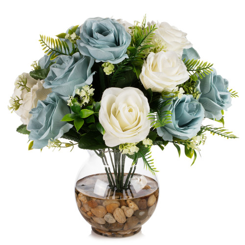 18 Heads Pink Silk Rose Flower in Clear Glass Vase With Faux Water and River Stone(Blue Cream)