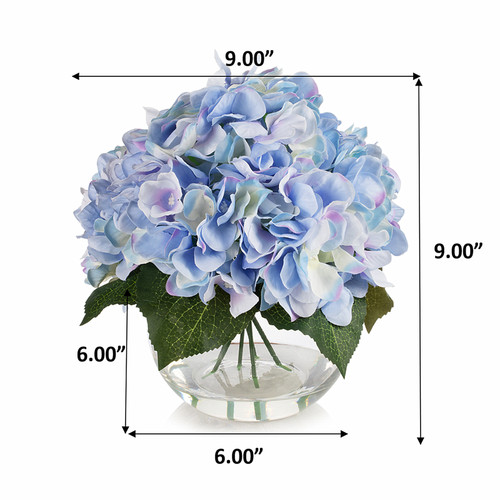 Silk Hydrangea Flower Arrangement in Clear White Vase with Faux Water