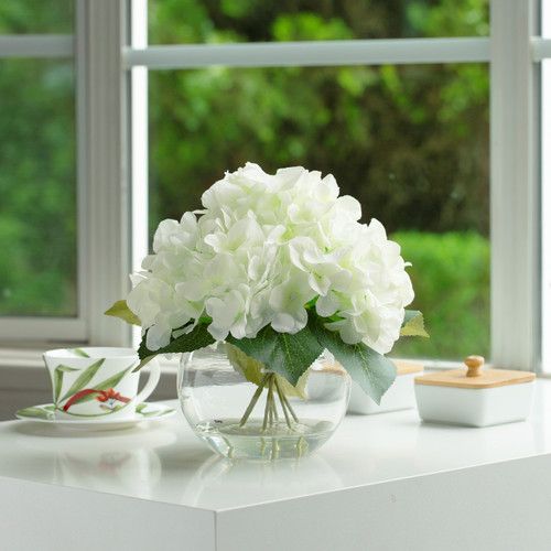 Silk Hydrangea Flower Arrangement in Clear White Vase with Faux Water