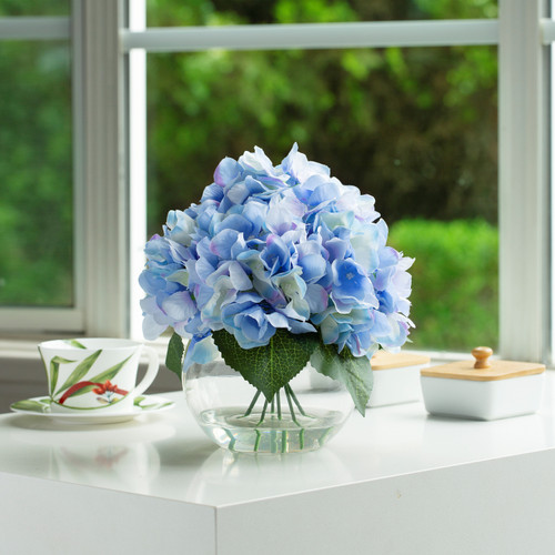 Silk Hydrangea Flower Arrangement in Clear White Vase with Faux Water