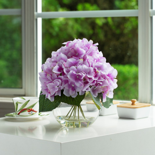 Silk Hydrangea Flower Arrangement in Clear White Vase with Faux Water