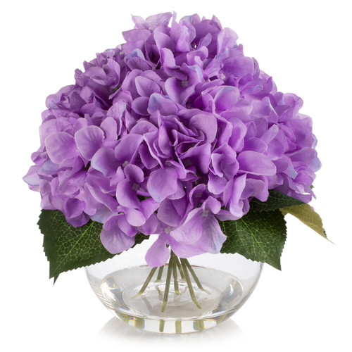 Silk Hydrangea Flower Arrangement in Clear White Vase with Faux Water
