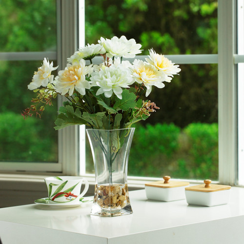 Mixed Daisy Flower Arrangement in Clear Glass Vase with Acrylic Water (Cream Yellow)