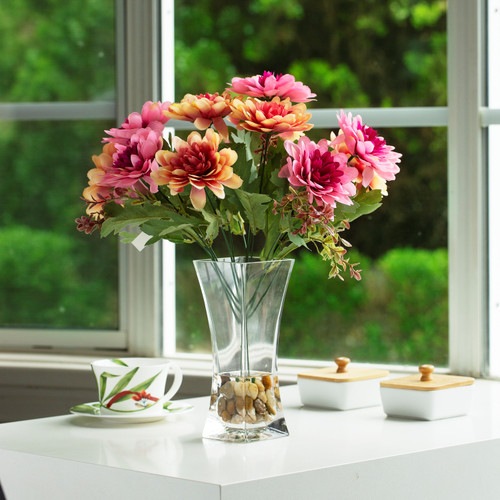 Mixed Daisy Flower Arrangement in Clear Glass Vase with Acrylic Water (Fushia)