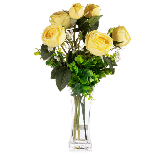 Mixed Rose Flower Arrangement in Clear Glass Vase with Acrylic Water (Yellow)