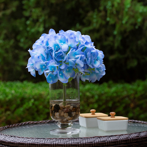 Real Touch Hydrangea Flower in Clear Glass Vase with Acrylic Water
