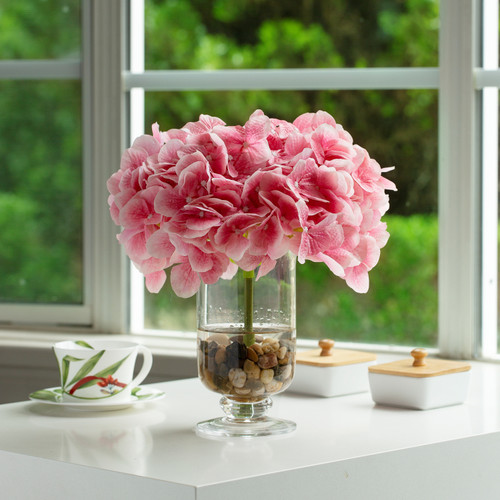 Real Touch Hydrangea Flower in Clear Glass Vase with Acrylic Water