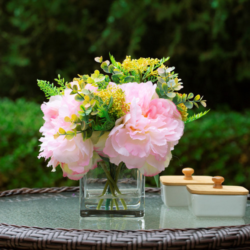 Mixed Silk Peony Flower in Clear Glass Vase With Faux Water
