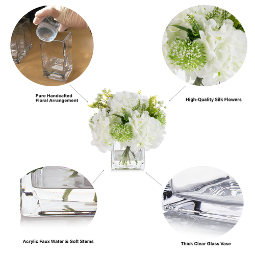 Mixed Silk Hydrangea Flower in Clear Glass Vase With Faux Water