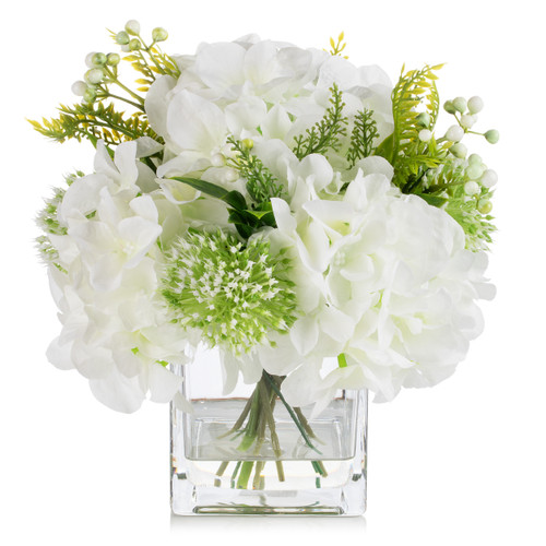 Mixed Silk Hydrangea Flower in Clear Glass Vase With Faux Water