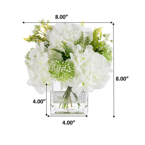 Mixed Silk Hydrangea Flower in Clear Glass Vase With Faux Water