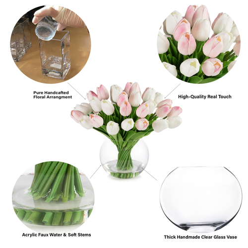 40 Pieces Real Touch Tulip Arrangement in Clear Glass Vase (Pink White)