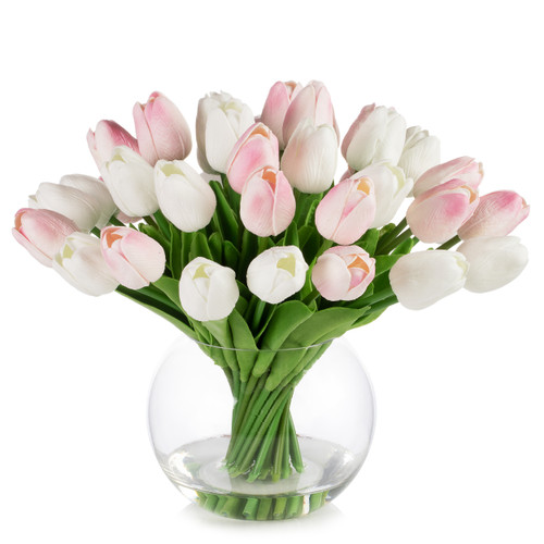 40 Pieces Real Touch Tulip Arrangement in Clear Glass Vase (Pink White)