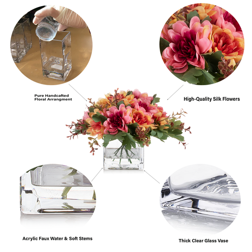 Mixed Daisy Flower Arrangement in Glass Vase with Acrylic Water (Fushia)