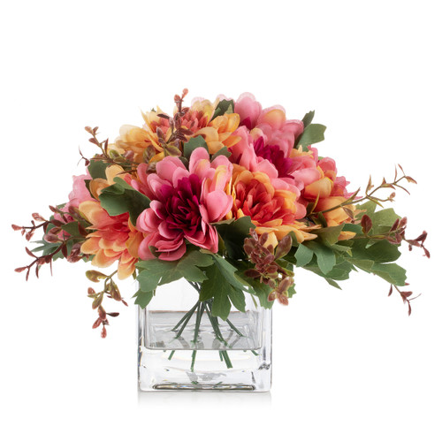 Mixed Daisy Flower Arrangement in Glass Vase with Acrylic Water (Fushia)