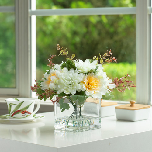 Mixed Daisy Flower Arrangement in Glass Vase with Acrylic Water (Cream Yellow)
