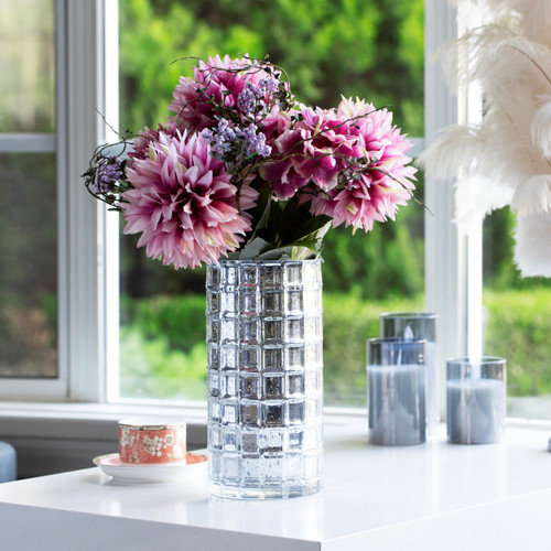 Silver Cylinder Glass Vase 10.0" H 5.0" W