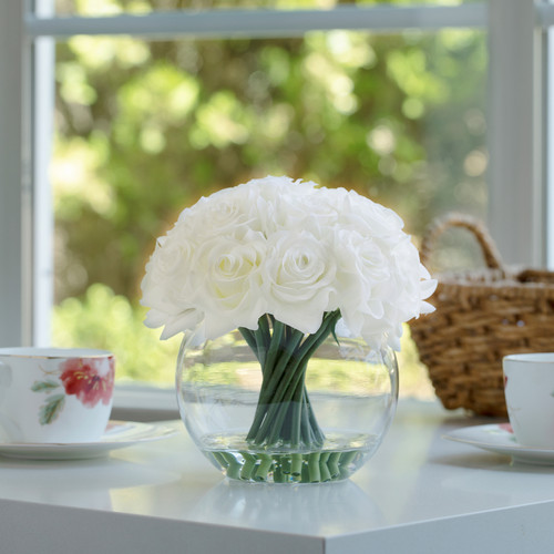 16 Heads Artificial Silk Rose Flowers in Round Glass Vase With Faux Water(White)