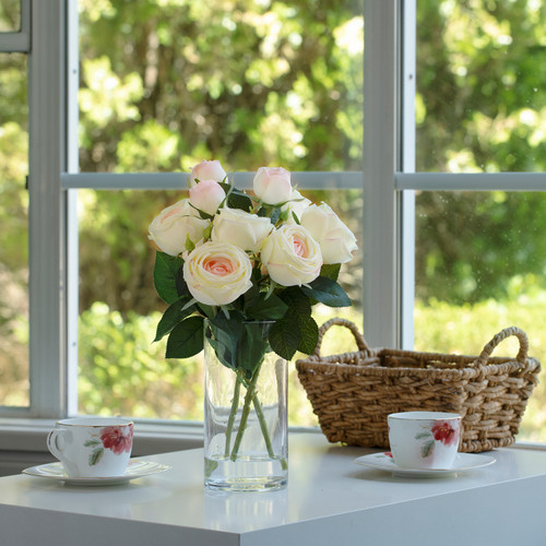 13" Artificial Silk Rose Flowers in Glass Vase with Faux Water(Champagne)