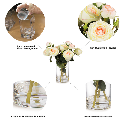 13" Artificial Silk Rose Flowers in Glass Vase with Faux Water(Champagne)