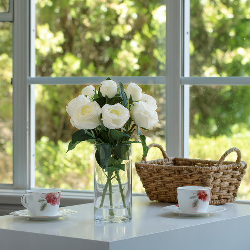 13" Artificial Silk Rose Flowers in Glass Vase with Faux Water(Cream White)