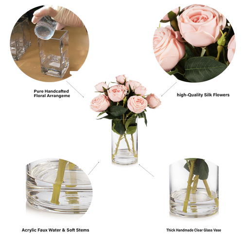 13" Artificial Silk Rose Flowers in Glass Vase with Faux Water(Light  Pink)