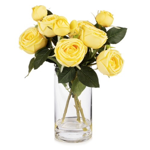 13"Artificial Silk Rose Flowers in Glass Vase with Faux Water(Yellow)
