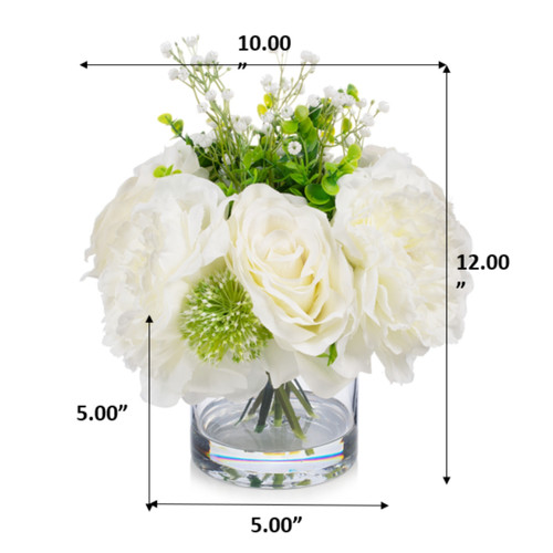 12" Mixed Artificial Peony and Rose Flower in Glass Vase