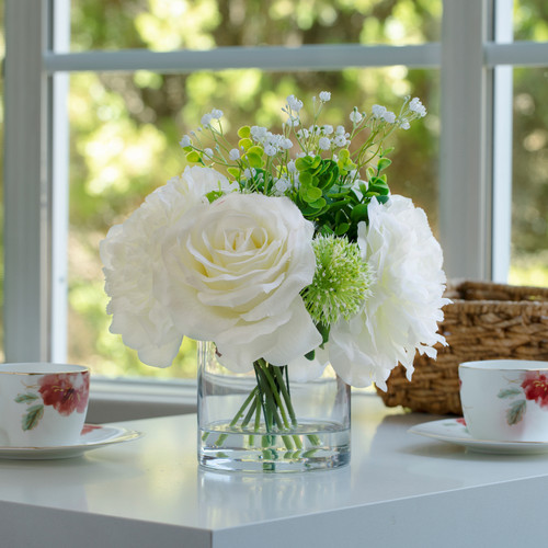 12" Mixed Artificial Peony and Rose Flower in Glass Vase