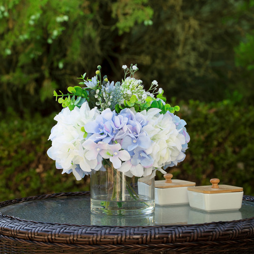 12" Mixed Artificial Hydrangea Flower in Glass Vase