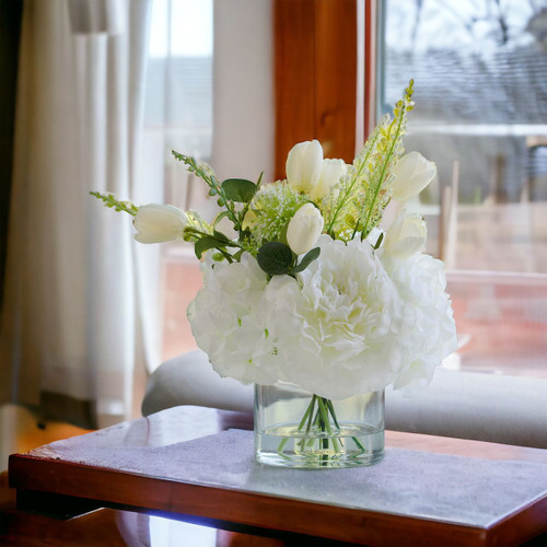 14" Mixed Artificial Peony and Tulip Flower in Glass Vase