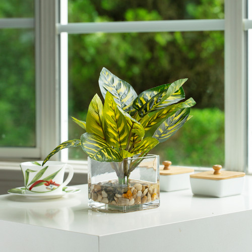 8" Faux Monstera Plant in Vase with River Stone