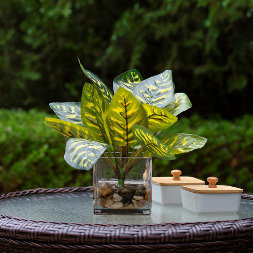 8" Faux Monstera Plant in Vase with River Stone