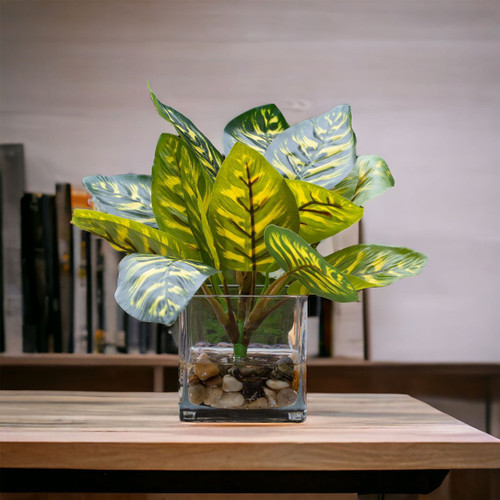 8" Faux Monstera Plant in Vase with River Stone