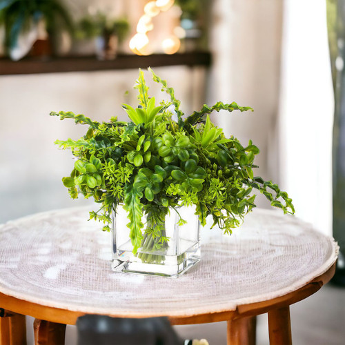 8" Artificial Mixed Greenery Foliage Plant in Glass Vase