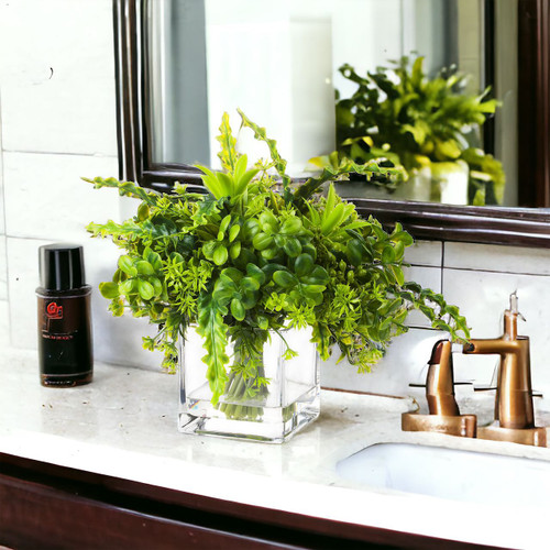 8" Artificial Mixed Greenery Foliage Plant in Glass Vase