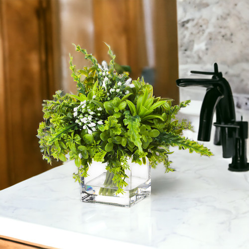 8"Mixed Faux Greenery Plant in Glass Vase