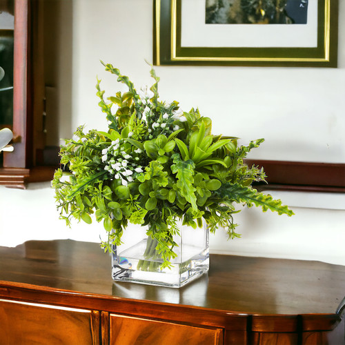 8"Mixed Faux Greenery Plant in Glass Vase