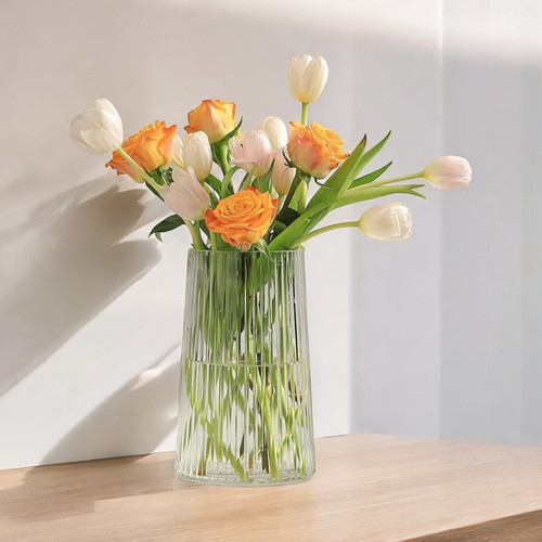 4" W 8" H Clear Ribbed Glass Vase