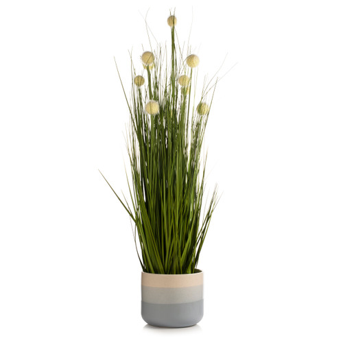 36" Artificial Grass with Cream Billy Balls Flowers in Pot