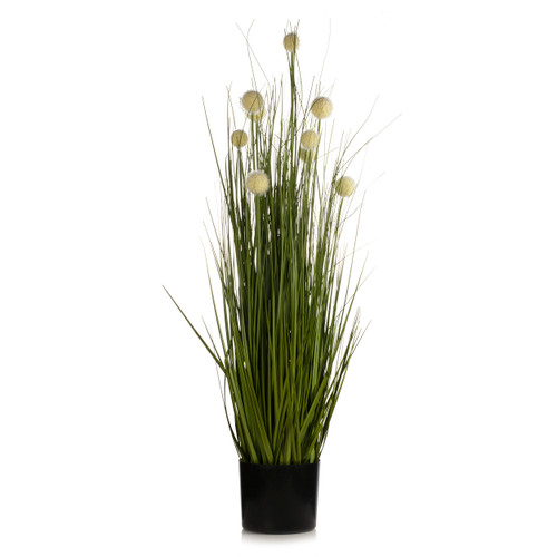 36" Artificial Grass with Cream Billy Balls Flowers in Pot