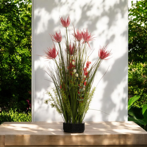 32" Mixed Artificial Grass and Flowers with Black Foam (Red)