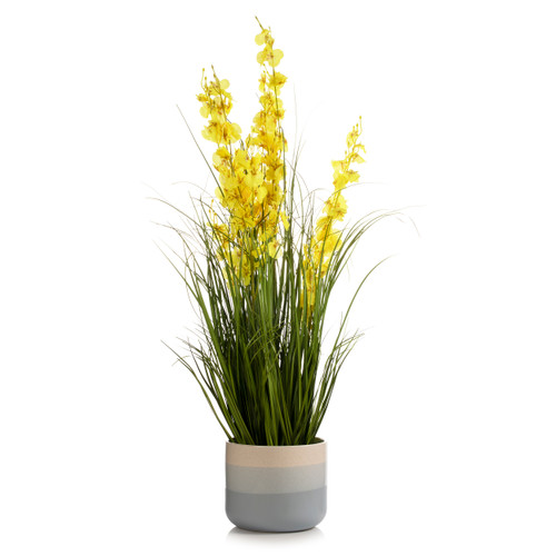 36" Mixed Artificial Grass and Orchid Flowers in Black Nursery Pot (Yellow)