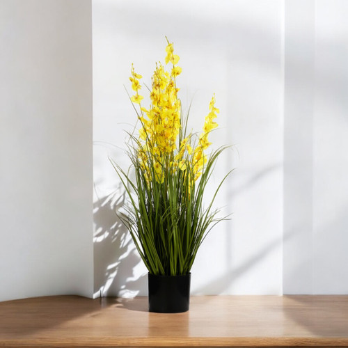 36" Mixed Artificial Grass and Orchid Flowers in Black Nursery Pot (Yellow)