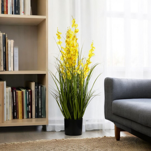 36" Mixed Artificial Grass and Orchid Flowers in Black Nursery Pot (Yellow)