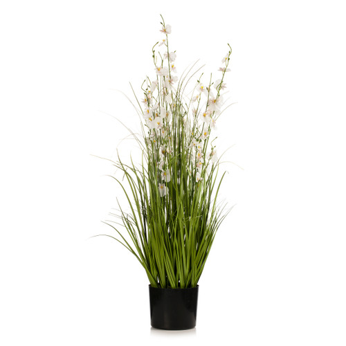 36" Mixed Artificial Grass and Orchid Flowers in Black Nursery Pot (White)