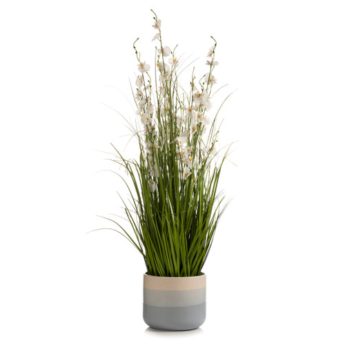 36" Mixed Artificial Grass and Orchid Flowers in Black Nursery Pot (White)