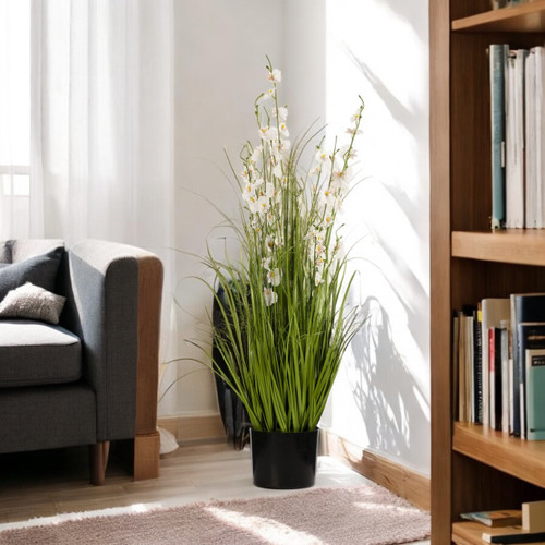 36" Mixed Artificial Grass and Orchid Flowers in Black Nursery Pot (White)